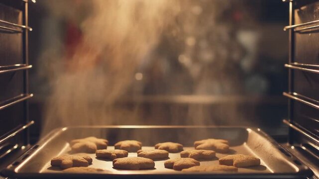 Close-up view of a baking sheet with cookies inside a hot oven, steam rising.