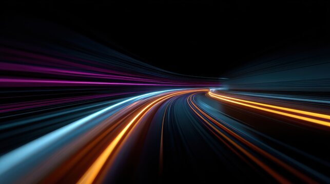 Abstract digital highway speed light trails, futuristic dark tunnel concept