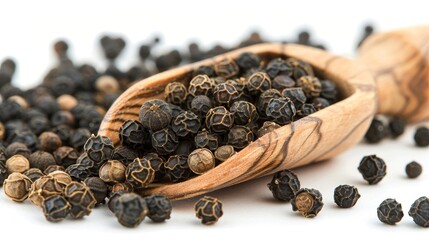 Macro view of black peppercorns in a wooden scoop against a clean white background