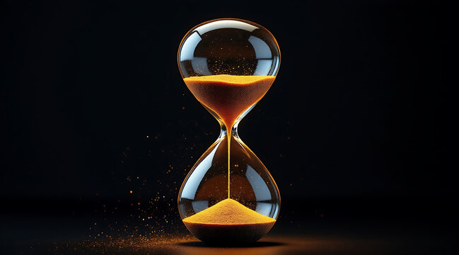 Close up of glass hourglass with orange sand flowing through narrow center, symbolizing passage of time and urgency