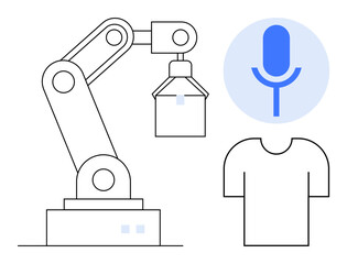 Robotic arm lifting object, microphone icon, and t-shirt symbol emphasizing technology, automation, customization. Ideal for manufacturing, AI, speech recognition, industrial design personalization