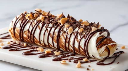Delicious dessert rolled with creamy filling, drizzled with rich chocolate sauce and topped with chocolate shavings and nuts