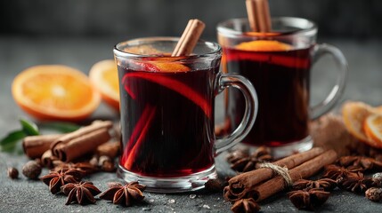 Mulled wine with cinnamon, spices, and orange on a concrete background &ndash; a traditional winter holiday drink. Mulled wine recipe and menu. Festive mugs of mulled wine surrounded by spices
