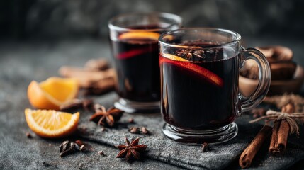Mulled wine with cinnamon, spices, and orange on a concrete background &ndash; a traditional winter holiday drink. Mulled wine recipe and menu. Festive mugs of mulled wine surrounded by spices