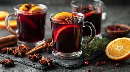 Mulled wine with cinnamon, spices, and orange on a concrete background &ndash; a traditional winter holiday drink. Mulled wine recipe and menu. Festive mugs of mulled wine surrounded by spices