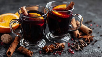 Mulled wine with cinnamon, spices, and orange on a concrete background &ndash; a traditional winter holiday drink. Mulled wine recipe and menu. Festive mugs of mulled wine surrounded by spices