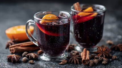 Mulled wine with cinnamon, spices, and orange on a concrete background &ndash; a traditional winter holiday drink. Mulled wine recipe and menu. Festive mugs of mulled wine surrounded by spices