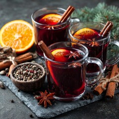 Mulled wine with cinnamon, spices, and orange on a concrete background &ndash; a traditional winter holiday drink. Mulled wine recipe and menu. Festive mugs of mulled wine surrounded by spices