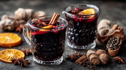 Mulled wine with cinnamon, spices, and orange on a concrete background &ndash; a traditional winter holiday drink. Mulled wine recipe and menu. Festive mugs of mulled wine surrounded by spices