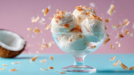 Coconut ice cream scoops in a clear glass bowl, topped with toasted coconut flakes, set against a pastel background
