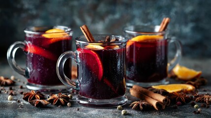 Mulled wine with cinnamon, spices, and orange on a concrete background &ndash; a traditional winter holiday drink. Mulled wine recipe and menu. Festive mugs of mulled wine surrounded by spices