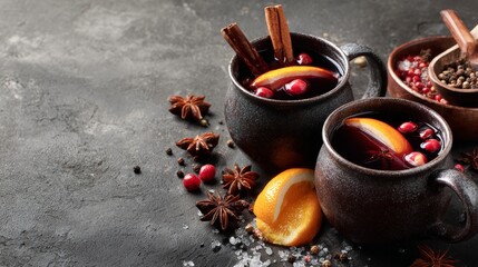 Mulled wine with cinnamon, spices, and orange on a concrete background &ndash; a traditional winter holiday drink. Mulled wine recipe and menu. Festive mugs of mulled wine surrounded by spices