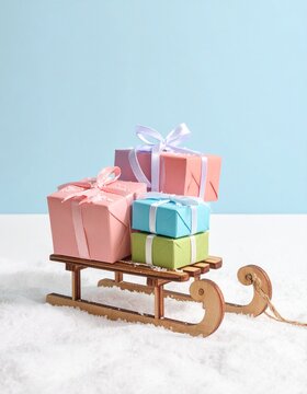 Peque&ntilde;o trineo infantil lleno de regalos de colores suaves, nieve simple