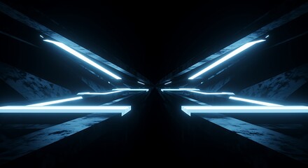 Abstract dark futuristic tunnel with glowing blue neon lights perspective view