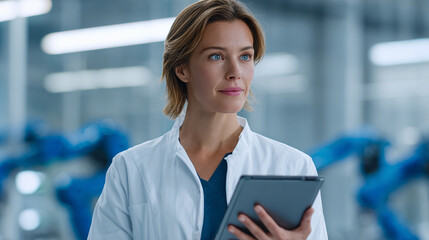 Scientist in white lab coat stands with tablet in a high-tech laboratory observing robotic machinery