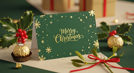 Christmas card with holly and wrapped chocolates gifts