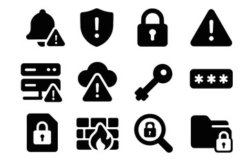 Vector triangle alert set cybersecurity magnifier icon folder key encrypted shield server