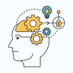 A spark of ideas ignites in a man's mind, gears of creativity turning as strategy, curiosity, and ambition merge, forming the core mechanism of a startup vision.
