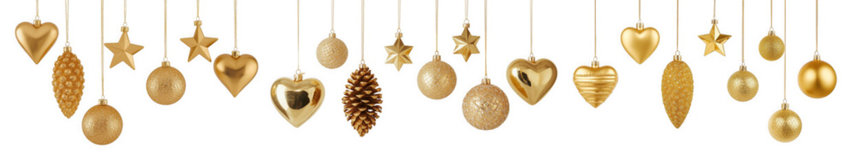 Golden christmas ornaments including hearts, stars, pinecones, and balls, hanging decoratively, isolated on transparent background