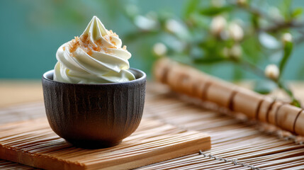 Soft-serve ice cream topped with coconut flakes served in a textured black bowl on a bamboo mat with greenery in the background