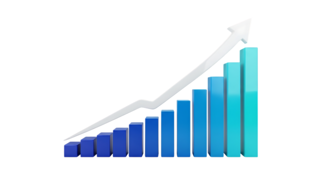 Blue bar chart with upward white arrow showing business gain