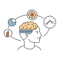 A spark of ideas ignites in a man's mind, gears of creativity turning as strategy, curiosity, and ambition merge, forming the core mechanism of a startup vision.
