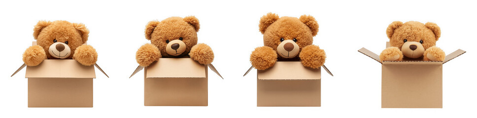 Four adorable brown teddy bears peeking out of separate cardboard boxes, creating a playful surprise, isolated on transparent background