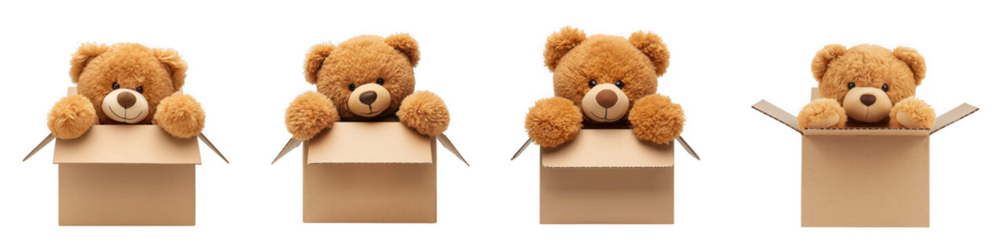 Four adorable brown teddy bears peeking out of separate cardboard boxes, creating a playful surprise, isolated on transparent background