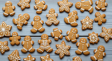 Assorted gingerbread cookies on a wooden surface
