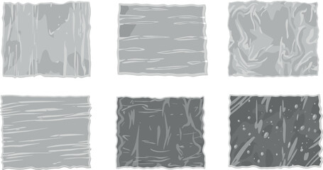 Illustration of six squares of wrinkled plastic wrap on a white background