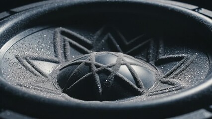 Close up of a speaker cone vibrating with water droplets splashing and moving