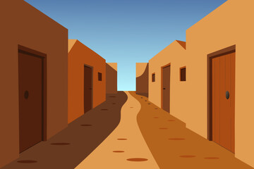 Orange sunset over an ancient city street featuring stone and brick architecture with a prominent church tower against the sky