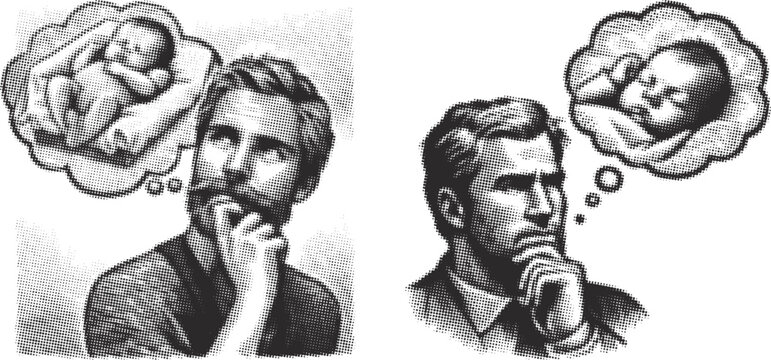 Halftone Black and White Thoughtful Man Father Thinking of Newborn Baby Illustration Retro Engraving Style Stippling Dot Pattern Expectant Parent Design Concept