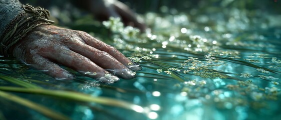 Action shot of hands breaking the surface of clear water splashing wildly in a river