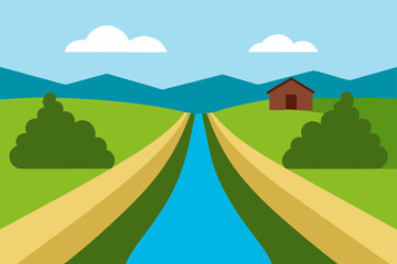 Obraz premium Cartoon vector illustration of a summer rural landscape scene with green grass, trees, and blue sky with clouds over rolling hills and mountains on the horizon