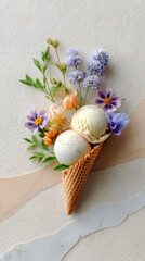 Ice cream cone with two scoops surrounded by colorful spring flowers on textured background