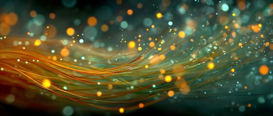 Abstract background of glowing orange light fibers and sparkling bokeh particles
