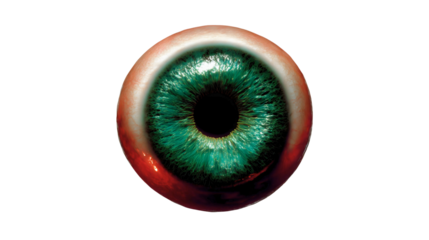 A scary green eyeball with a bloody red sclera isolated on a plain background, a horror zombie vision object, a creepy infected eye, a detailed medical anatomy model with veins.