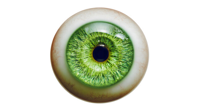 A realistic human eyeball with a bright green iris isolated on a white background, a detailed medical anatomy object, a healthy vision organ model, a contact lens concept close-up.