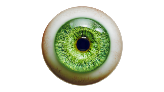 A realistic human eyeball with a bright green iris isolated on a white background, a detailed medical anatomy object, a healthy vision organ model, a contact lens concept close-up.