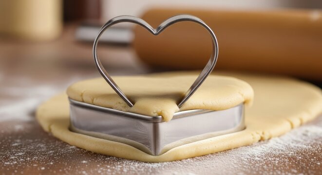 Valentine Day Cookie dough with heart shape cutter on wooden table .Love, valentine, love, romance, romantic,