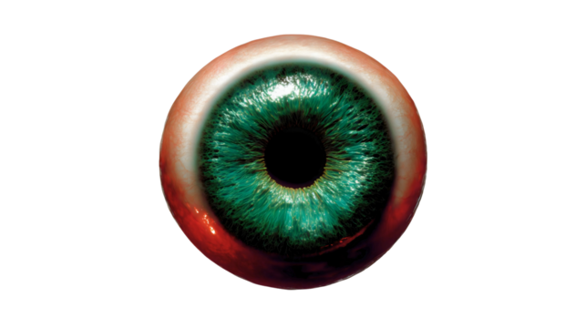 A scary green eyeball with a bloody red sclera isolated on a plain background, a horror zombie vision object, a creepy infected eye, a detailed medical anatomy model with veins.