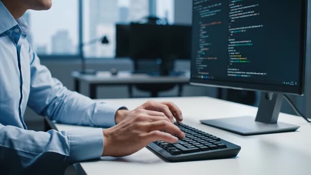 IT professional programming on a desktop computer. His hands are typing on the keyboard while code lines are visible on the screen