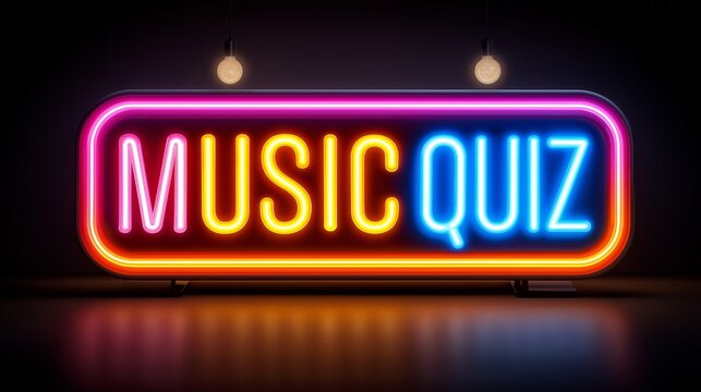 A neon sign that says Music Quiz. The sign is colorful and bright, with neon lights that make it stand out. The sign is likely meant to draw attention