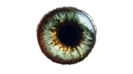 A macro shot of a scary green and gold eyeball isolated on a white background, a reptilian monster iris texture, a horror fantasy vision object, a supernatural detailed pupil close-up.
