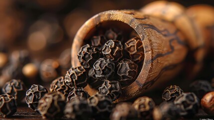 Close up macro image of black peppercorns in a wooden scoop on a white background