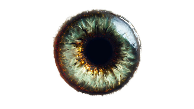 A macro shot of a scary green and gold eyeball isolated on a white background, a reptilian monster iris texture, a horror fantasy vision object, a supernatural detailed pupil close-up. - Powered by Adobe