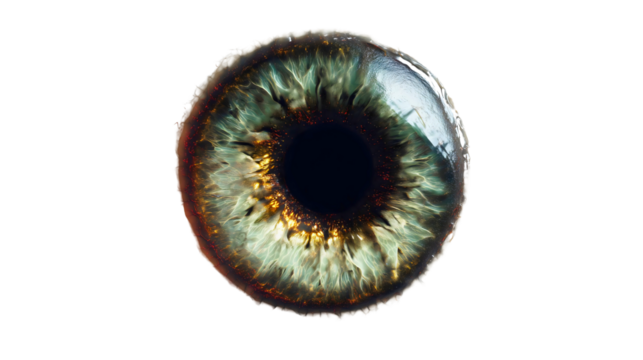 A macro shot of a scary green and gold eyeball isolated on a white background, a reptilian monster iris texture, a horror fantasy vision object, a supernatural detailed pupil close-up.