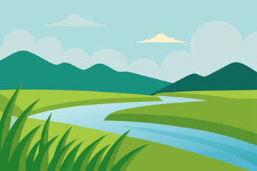 Fototapeta premium A beautiful summer landscape illustration features green grass, blue sky with clouds, and distant mountains