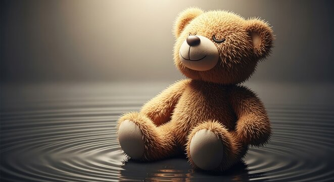 Valentine Day Cute teddy bear sitting in puddle with ripples .Love, valentine, love, romance, romantic,